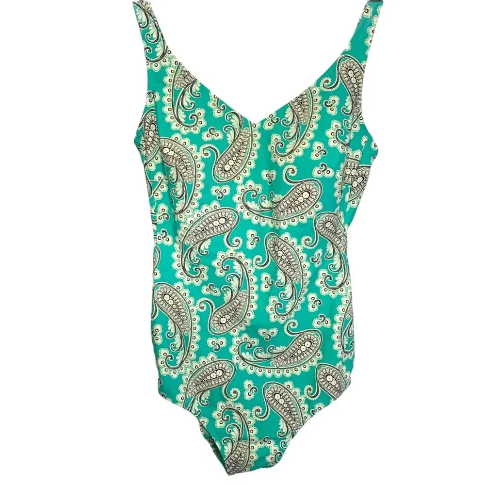 ANITA Paisley One-Piece Swimsuit V-Neck Scoop Back Turquoise Multicolor Size 8